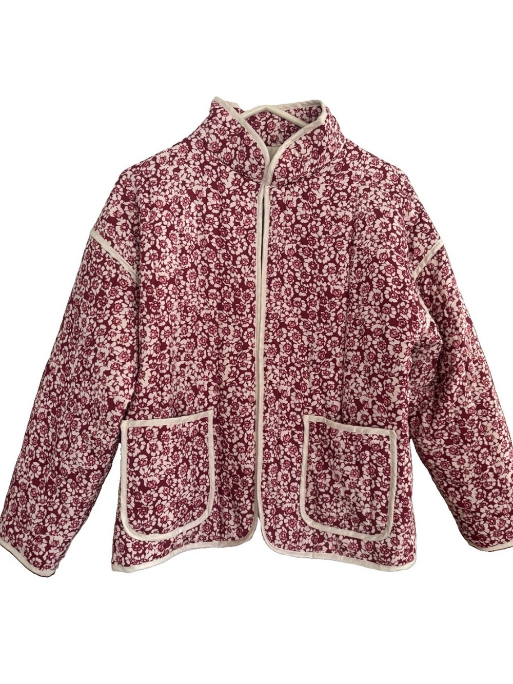 Quilted Red And Pink Floral Puffer Jacket Lined W/ Pockets Size Small